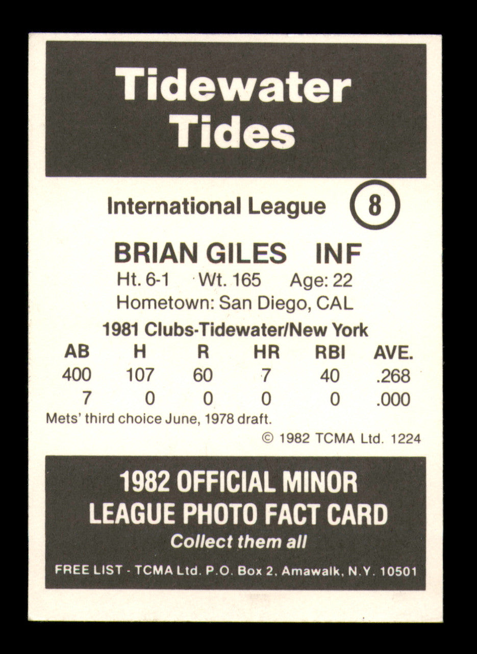Brian Giles Autographed 1982 TCMA Rookie Card #8 Tidewater Tides SKU #248245