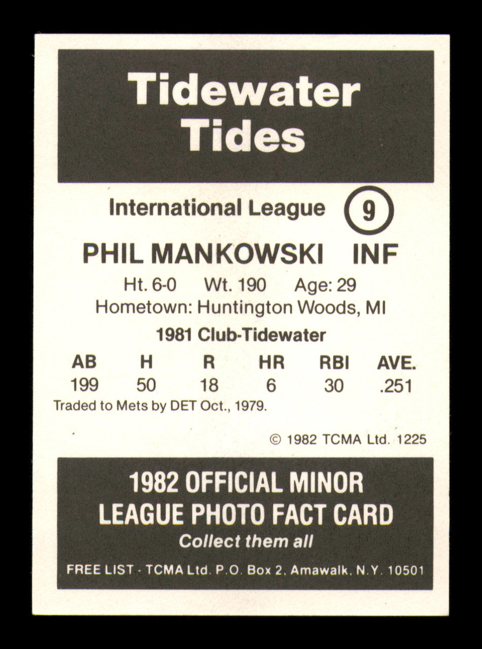 Phil Mankowski Autographed 1982 TCMA Card #9 Tidewater Tides SKU #248247