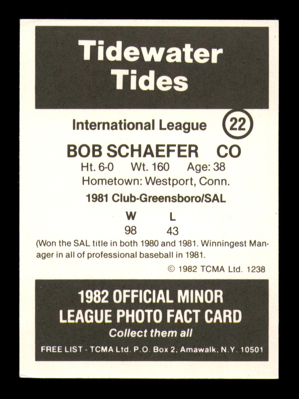 Bob Schaefer Autographed 1982 TCMA Card #22 Tidewater Tides SKU #248250
