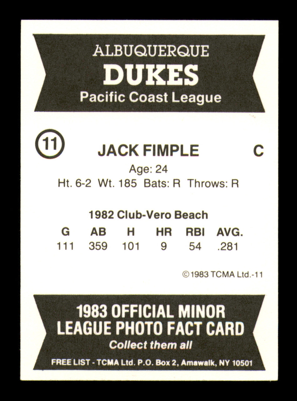 Jack Fimple Autographed 1983 TCMA Rookie Card #11 Albuquerque Dukes SKU #248256