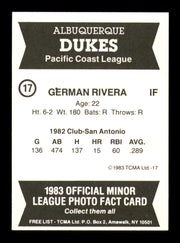German Rivera Autographed 1983 TCMA Rookie Card #17 Albuquerque Dukes SKU #248259