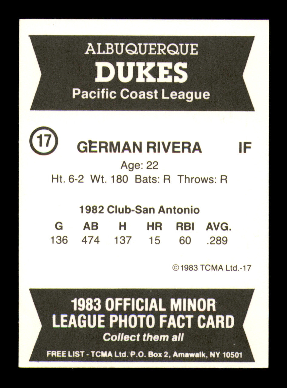 German Rivera Autographed 1983 TCMA Rookie Card #17 Albuquerque Dukes SKU #248259