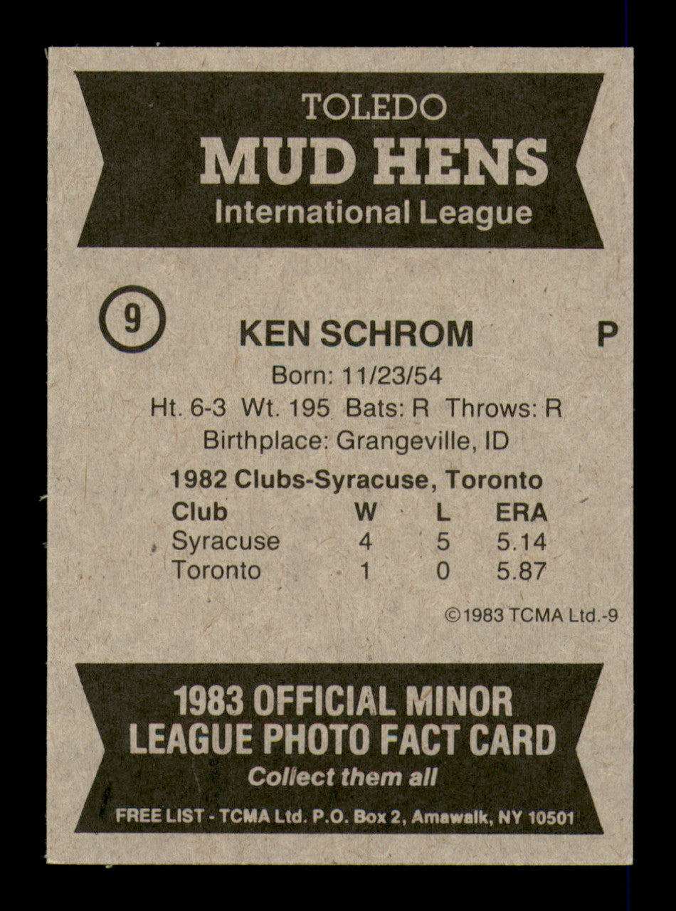 Ken Schrom Autographed 1983 TCMA Card #9 Toledo Mud Hens SKU #248280