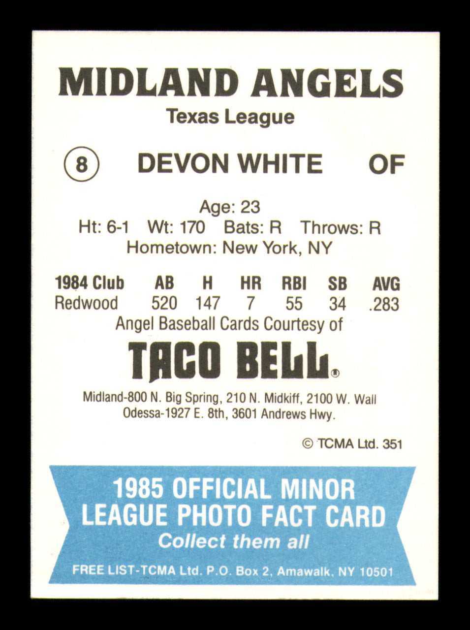 Devon White Autographed 1985 TCMA Rookie Card #8 Midland Angels SKU #248311