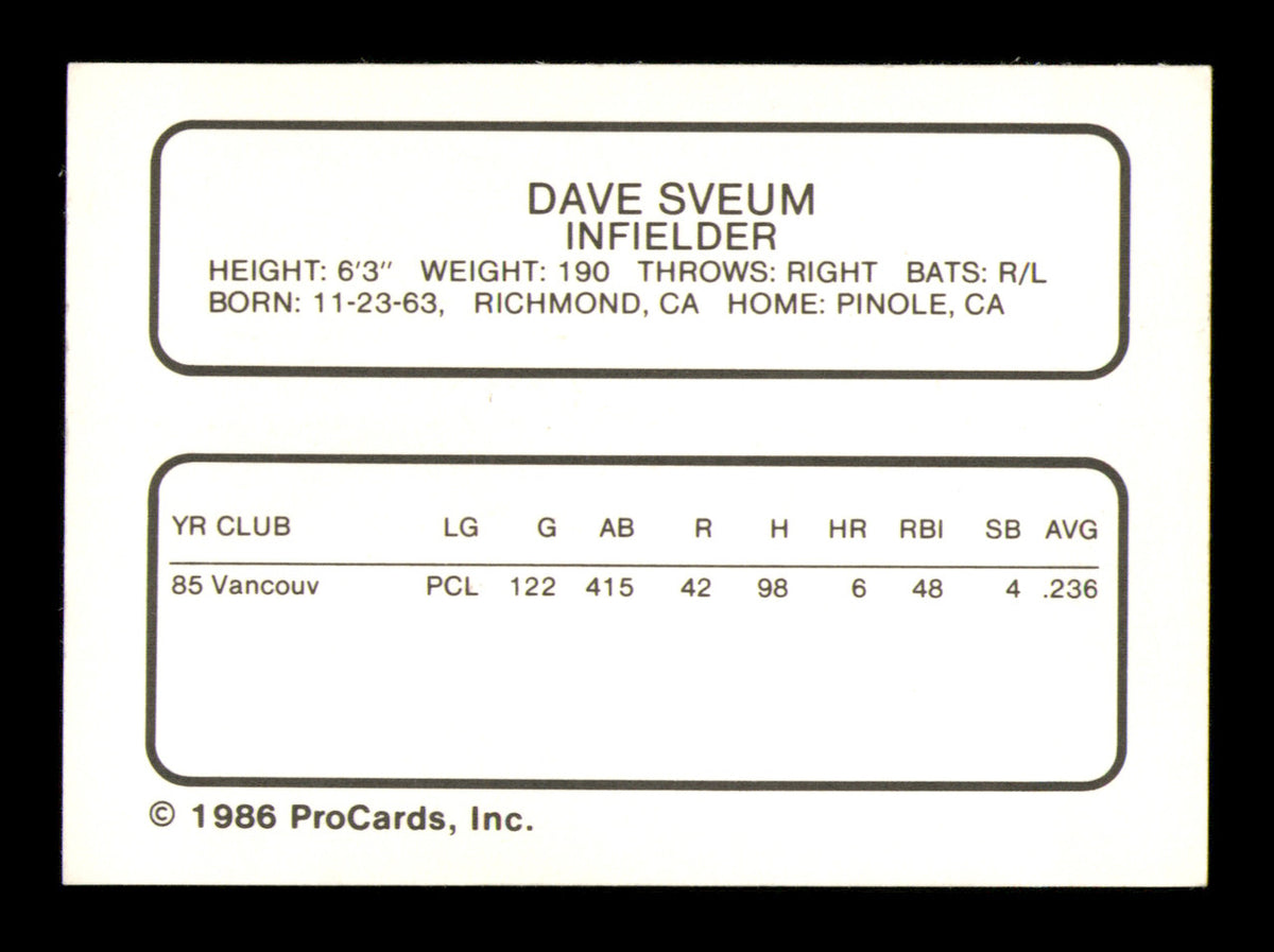 Dale Sveum Autographed 1986 ProCards Card Vancouver Canadians SKU #248319