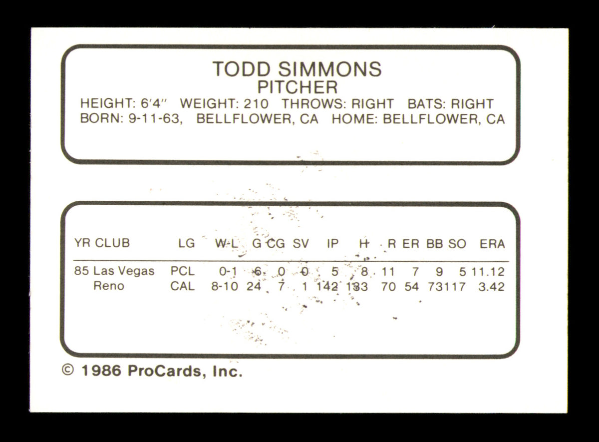 Todd Simmons Autographed 1986 ProCards Rookie Card Beaumont Gators SKU #248321
