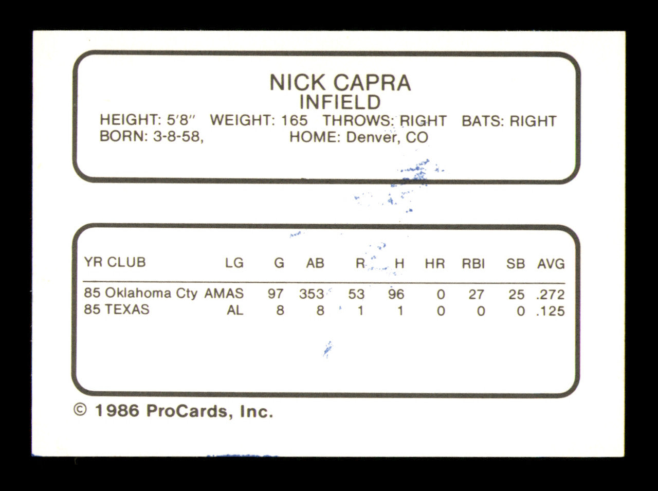 Nick Capra Autographed 1986 ProCards Rookie Card Buffalo Bisons SKU #248324