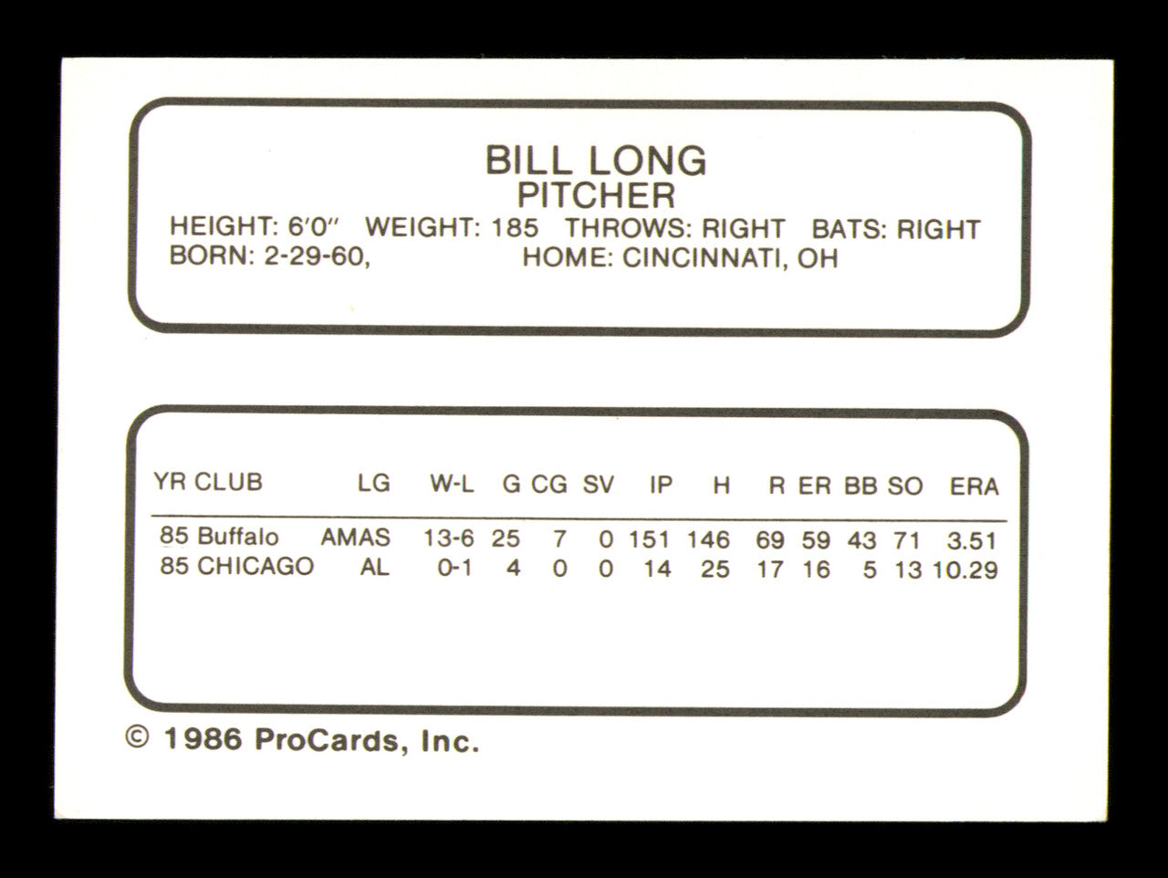 Bill Long Autographed 1986 ProCards Card Buffalo Bisons SKU #248328
