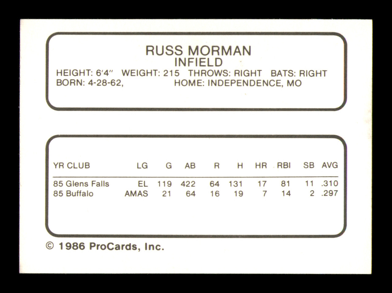 Russ Morman Autographed 1986 ProCards Card Buffalo Bisons SKU #248331