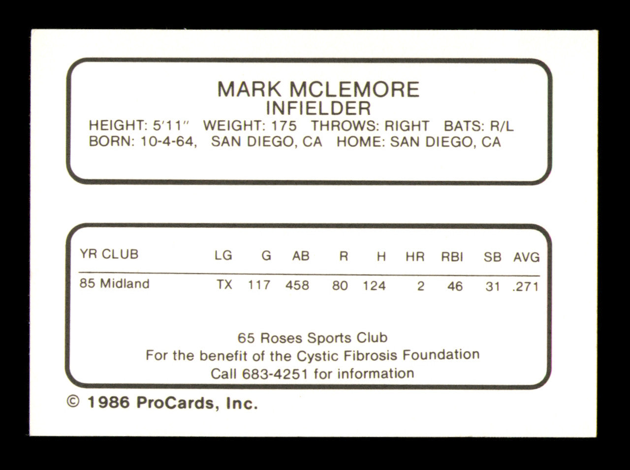 Mark McLemore Autographed 1986 ProCards Rookie Card Midland Angels SKU #248339