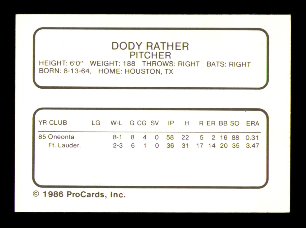 Dody Rather Autographed 1986 ProCards Rookie Card Osceola Astros SKU #248340