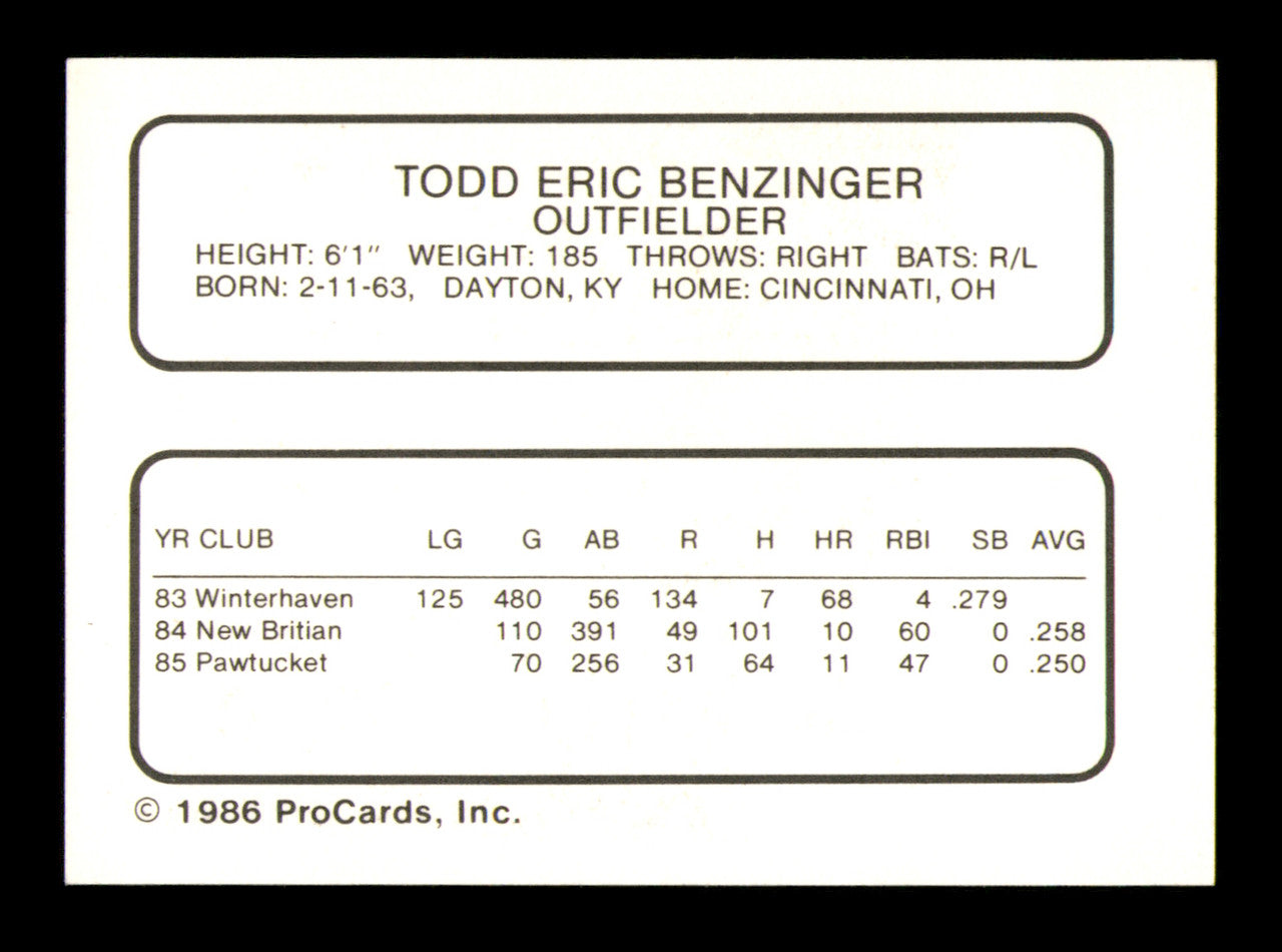 Todd Benzinger Autographed 1986 ProCards Rookie Card Pawtucket Red Sox SKU #248341
