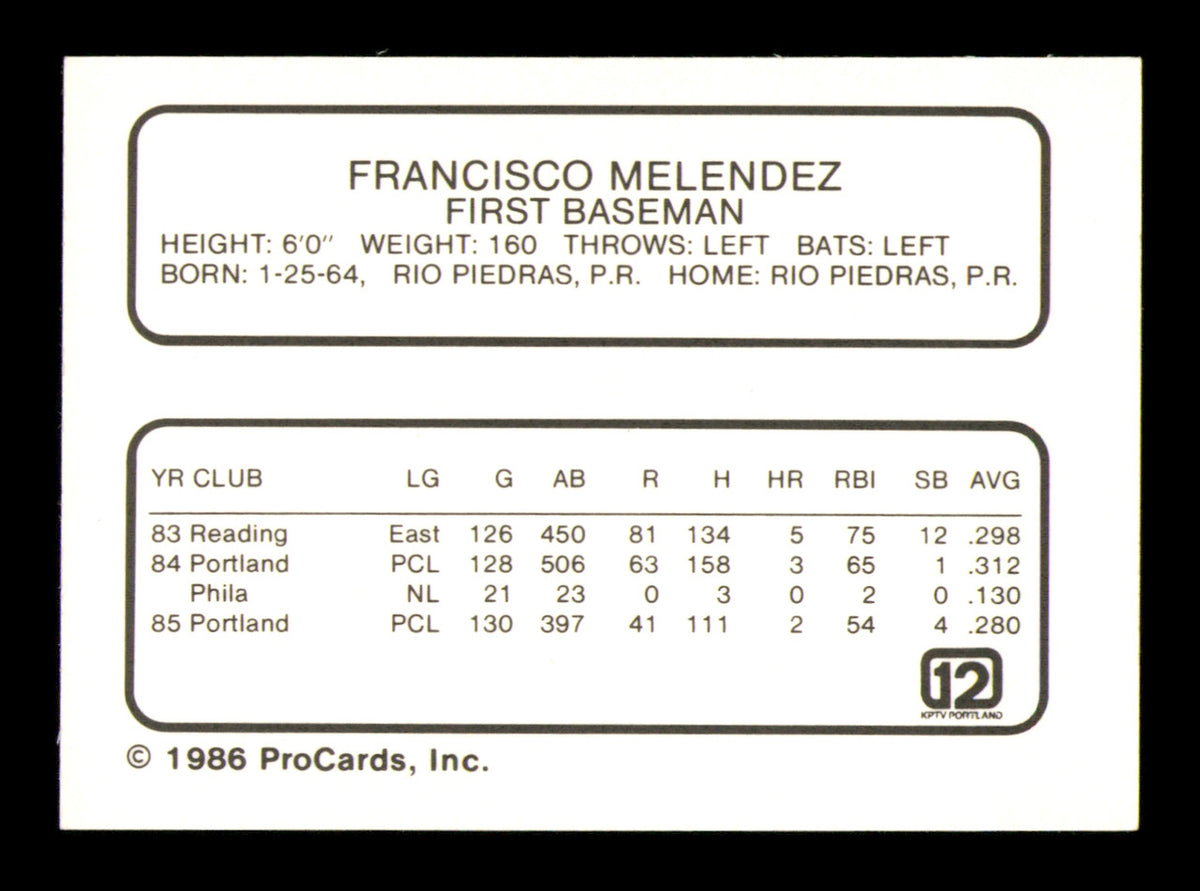 Francisco Melendez Autographed 1986 ProCards Card Portland Beavers SKU #248348