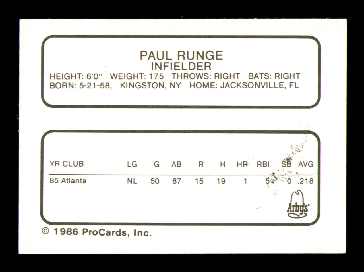 Paul Runge Autographed 1986 ProCards Card Richmond Braves SKU #248355