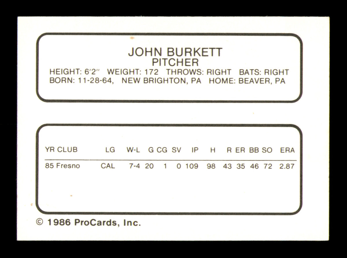 John Burkett Autographed 1986 ProCards Rookie Card Shreveport Captains SKU #248357