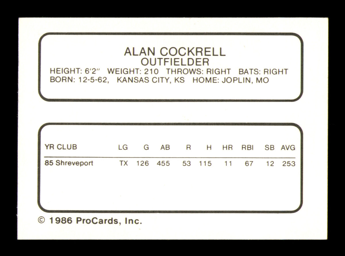 Alan Cockrell Autographed 1986 ProCards Rookie Card Shreveport Captains SKU #248358