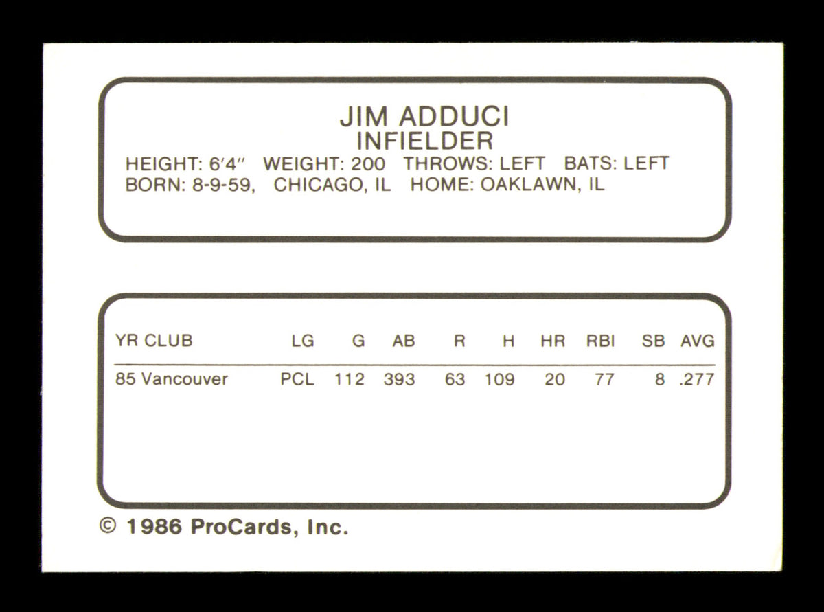 Jim Adduci Autographed 1986 ProCards Rookie Card Vancouver Canadians SKU #248363