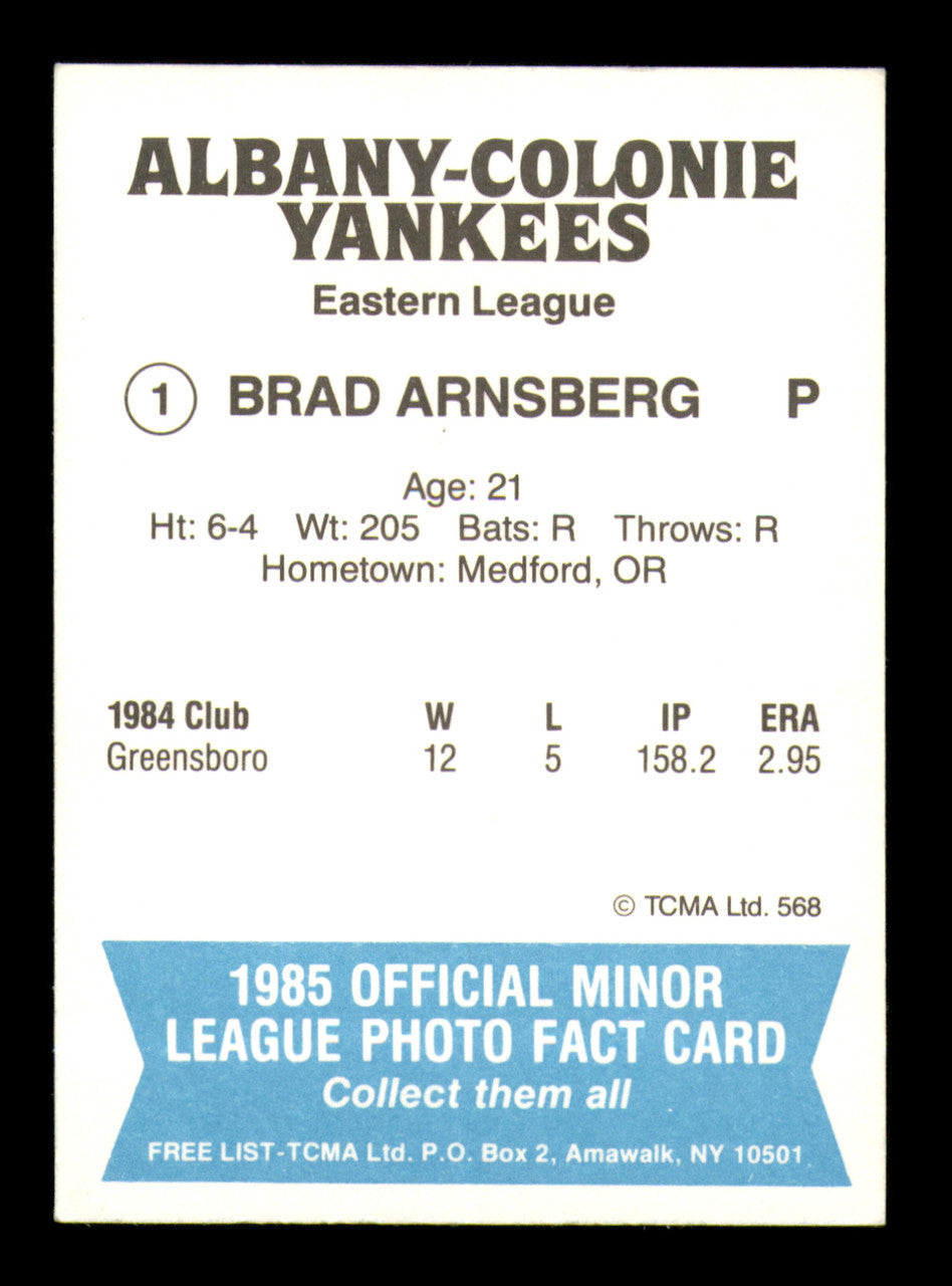 Brad Arnsberg Autographed 1985 TCMA Rookie Card #1 Albany-Colonie Yankees SKU #248384