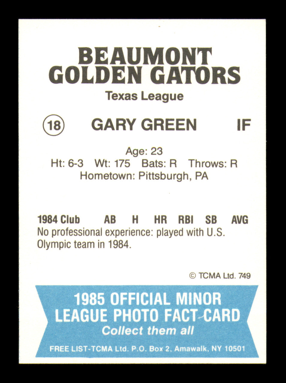 Gary Green Autographed 1985 TCMA Rookie Card #18 Beaumont Gators SKU #248391