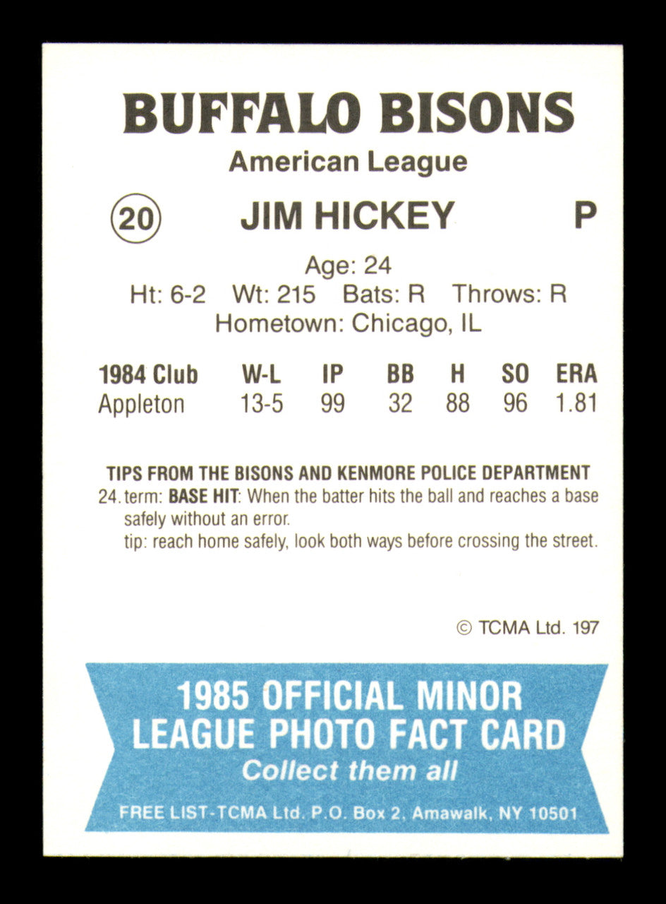 Jim Hickey Autographed 1985 TCMA Card #20 Buffalo Bisons SKU #248396