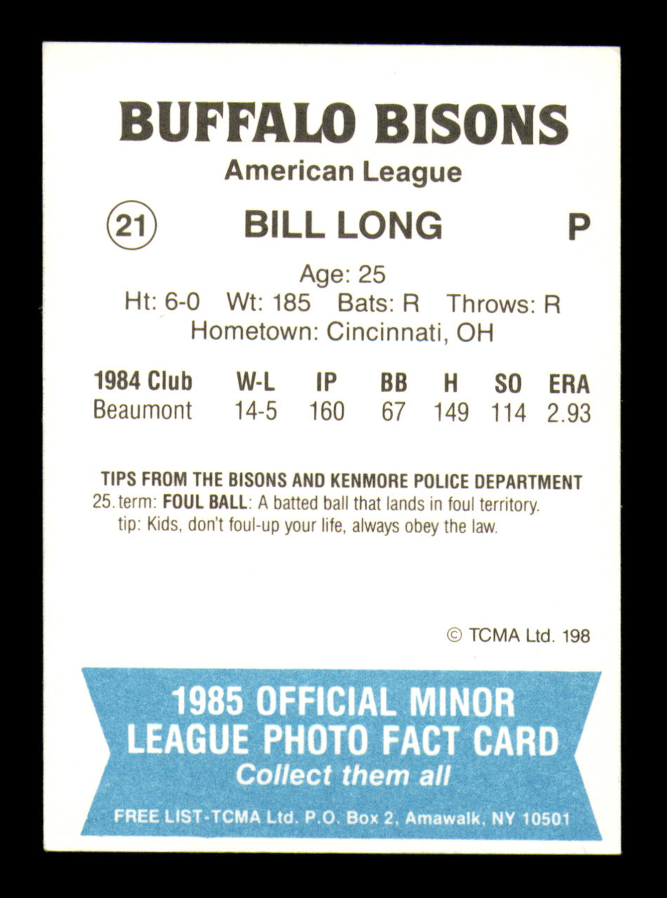 Bill Long Autographed 1985 TCMA Rookie Card #21 Buffalo Bisons SKU #248397