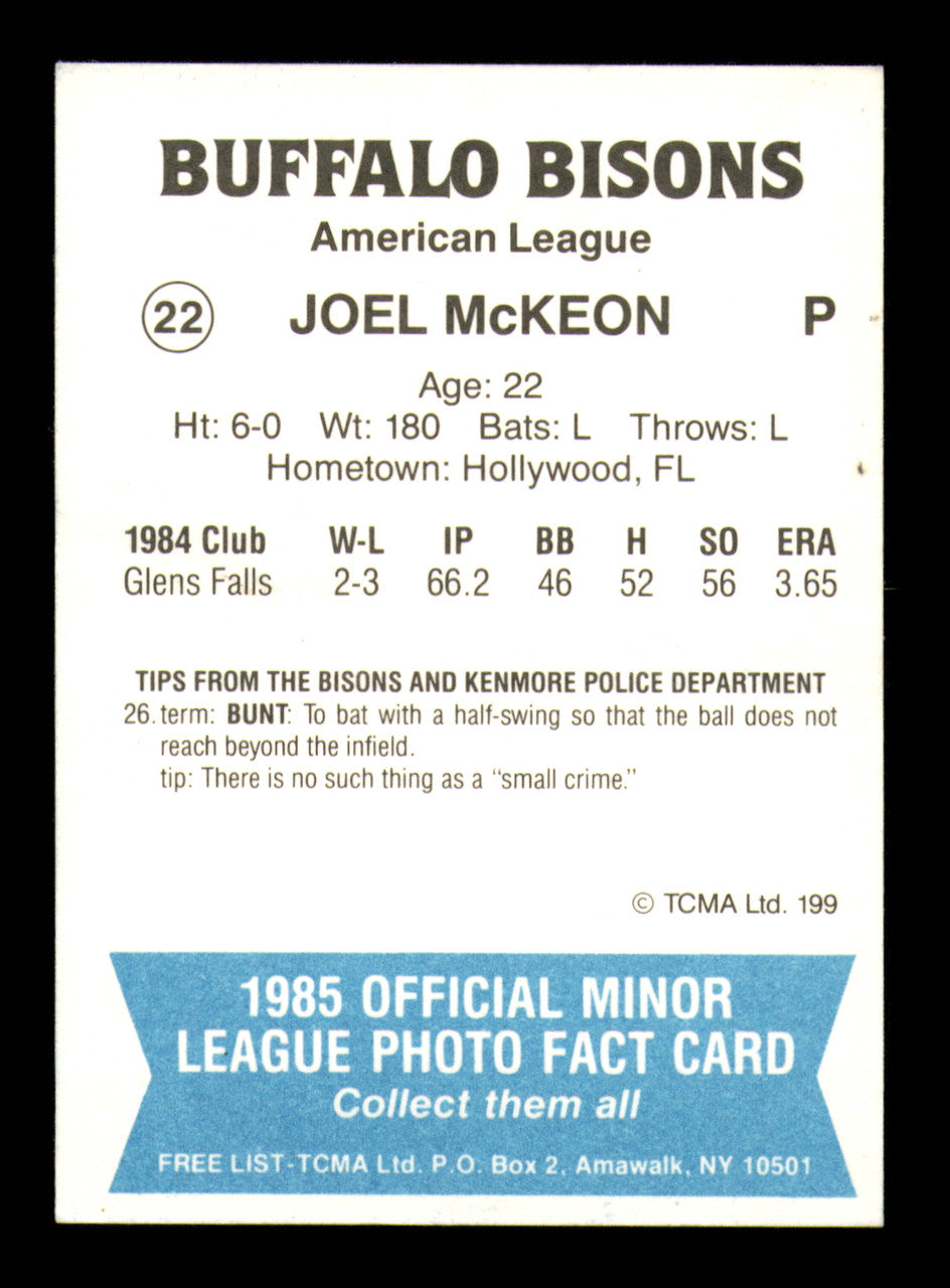 Joel McKeon Autographed 1985 TCMA Rookie Card #22 Buffalo Bisons SKU #248398