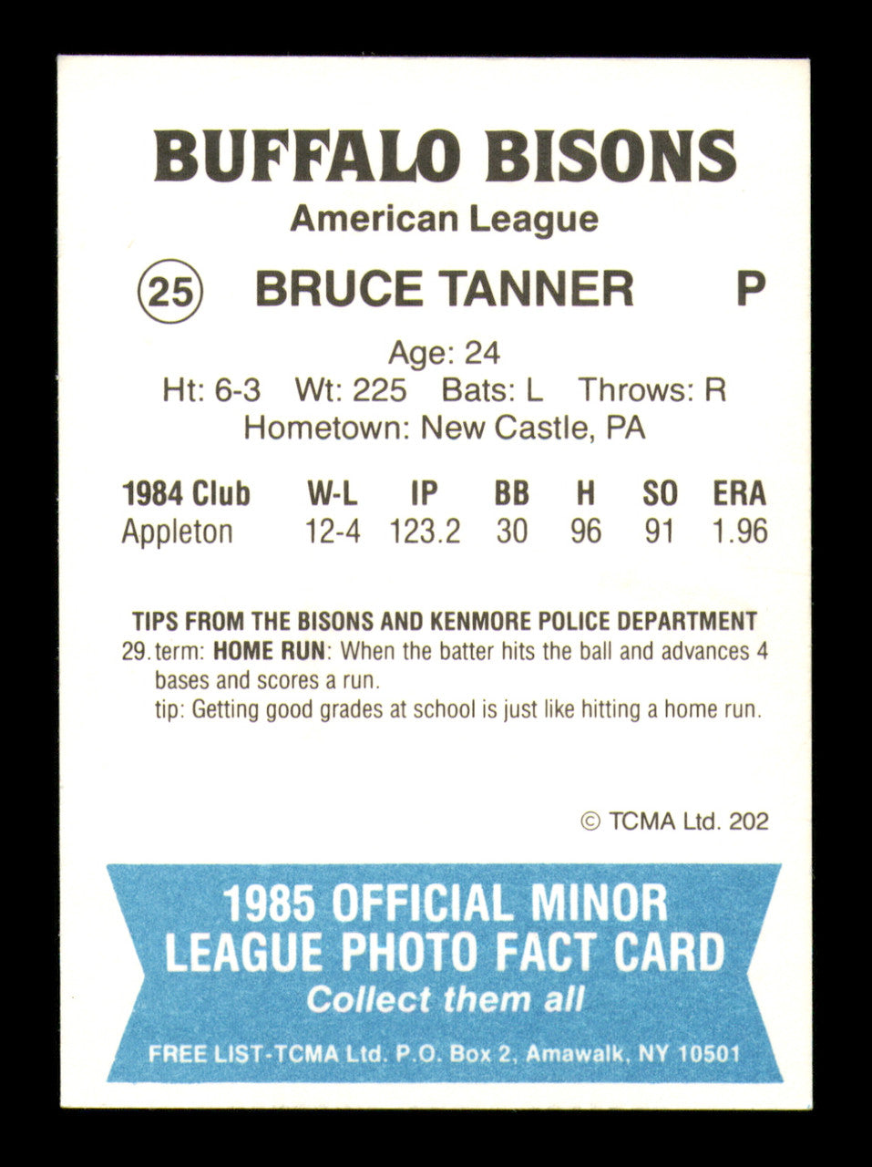 Bruce Tanner Autographed 1985 TCMA Rookie Card #25 Buffalo Bisons SKU #248399