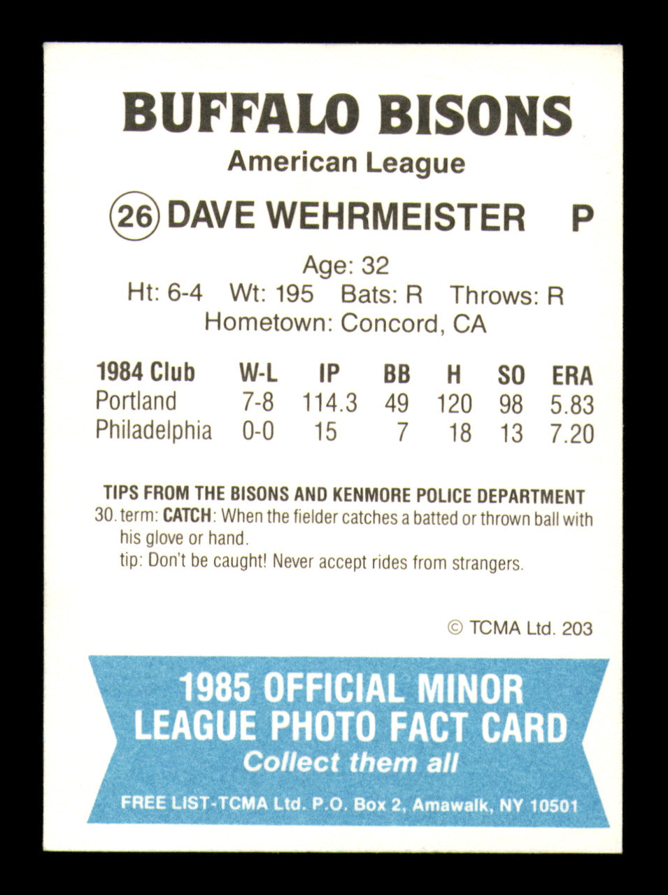 Dave Wehrmeister Autographed 1985 TCMA Card #26 Buffalo Bisons SKU #248400