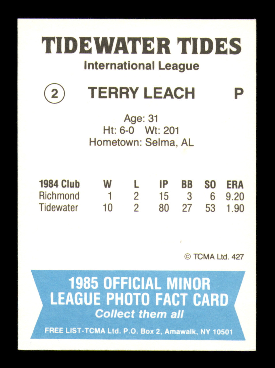 Terry Leach Autographed 1985 TCMA Card #2 Tidewater Tides SKU #248405