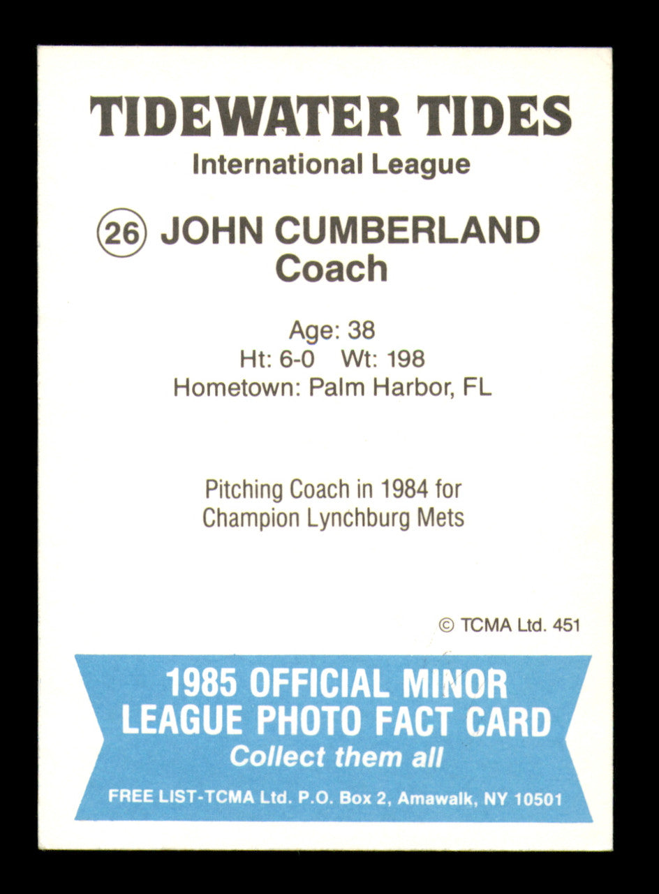 John Cumberland Autographed 1985 TCMA Card #26 Tidewater Tides SKU #248411