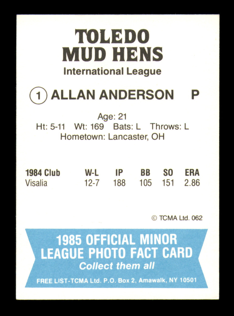 Allan Anderson Autographed 1985 TCMA Rookie Card #1 Toledo Mud Hens SKU #248413