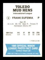 Frank Eufemia Autographed 1985 TCMA Rookie Card #6 Toledo Mud Hens SKU #248414