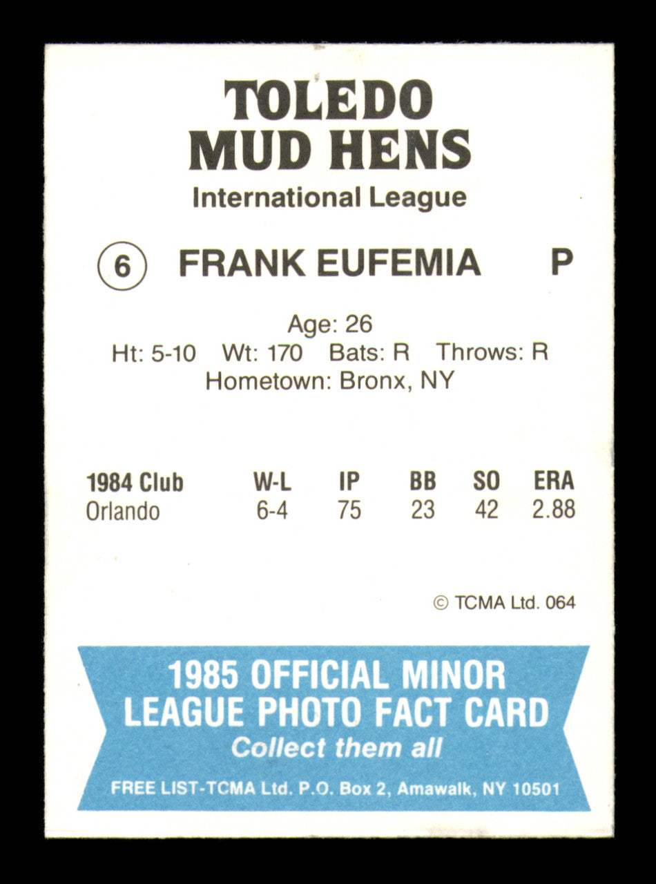 Frank Eufemia Autographed 1985 TCMA Rookie Card #6 Toledo Mud Hens SKU #248414