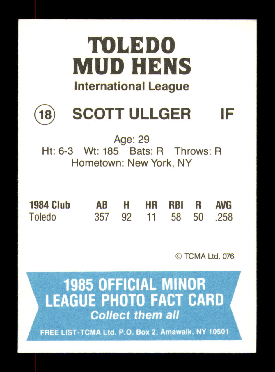 Scott Ullger Autographed 1985 TCMA Card #18 Toledo Mud Hens SKU #248418