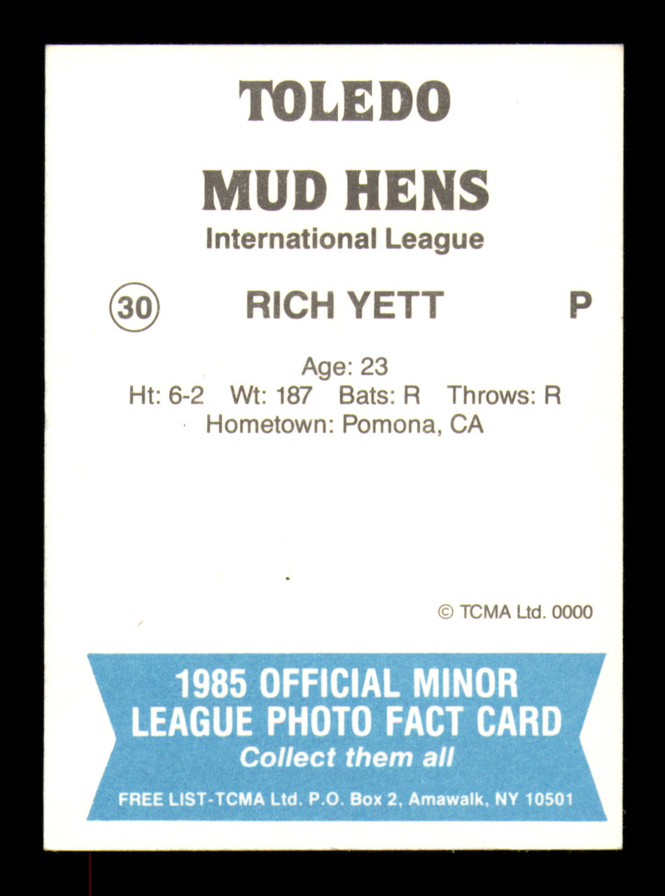 Rich Yett Autographed 1985 TCMA Rookie Card #30 Toledo Mud Hens SKU #248419