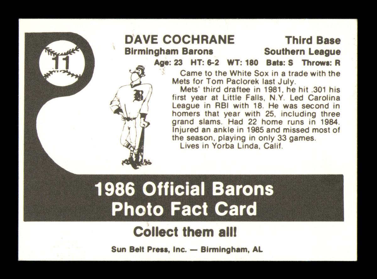 Dave Cochrane Autographed 1986 Sun Belt Rookie Card #11 Birmingham Barons SKU #248423