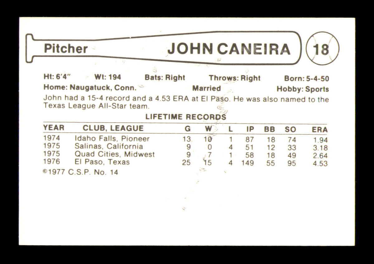 John Caneira Autographed 1977 Cramer Coca Cola Card #18 Salt Lake City Gulls "To Mike" SKU #248429