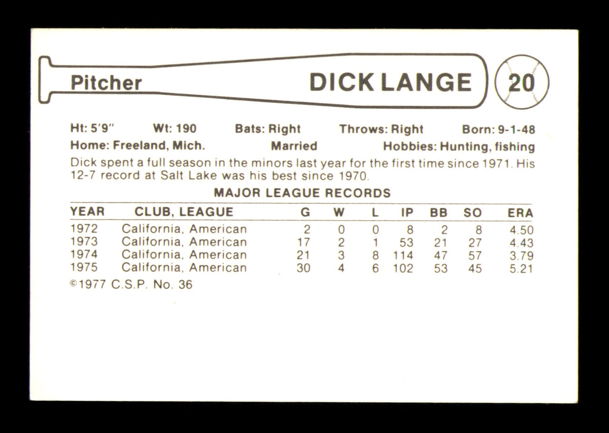 Dick Lange Autographed 1977 Cramer Coca Cola Card #20 Salt Lake City Gulls SKU #248430