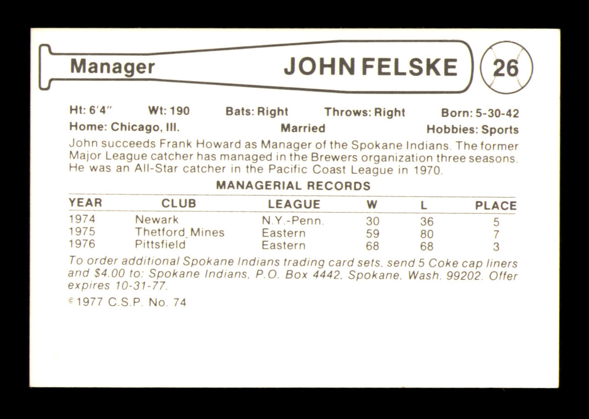 John Felske Autographed 1977 Cramer Coca Cola Card #26 Spokane Indians SKU #248439