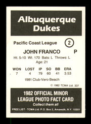 John Franco Autographed 1982 TCMA Rookie Card #2 Albuquerque Dukes SKU #248456