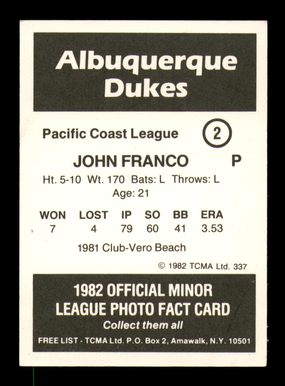 John Franco Autographed 1982 TCMA Rookie Card #2 Albuquerque Dukes SKU #248456