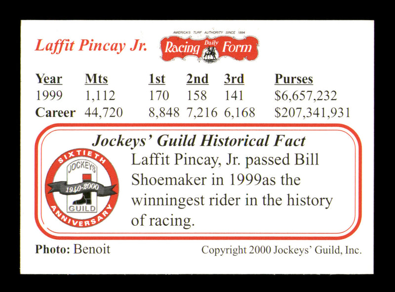 Laffit Pincay Jr. Autographed 2000 Jockeys' Guild Card SKU #248462