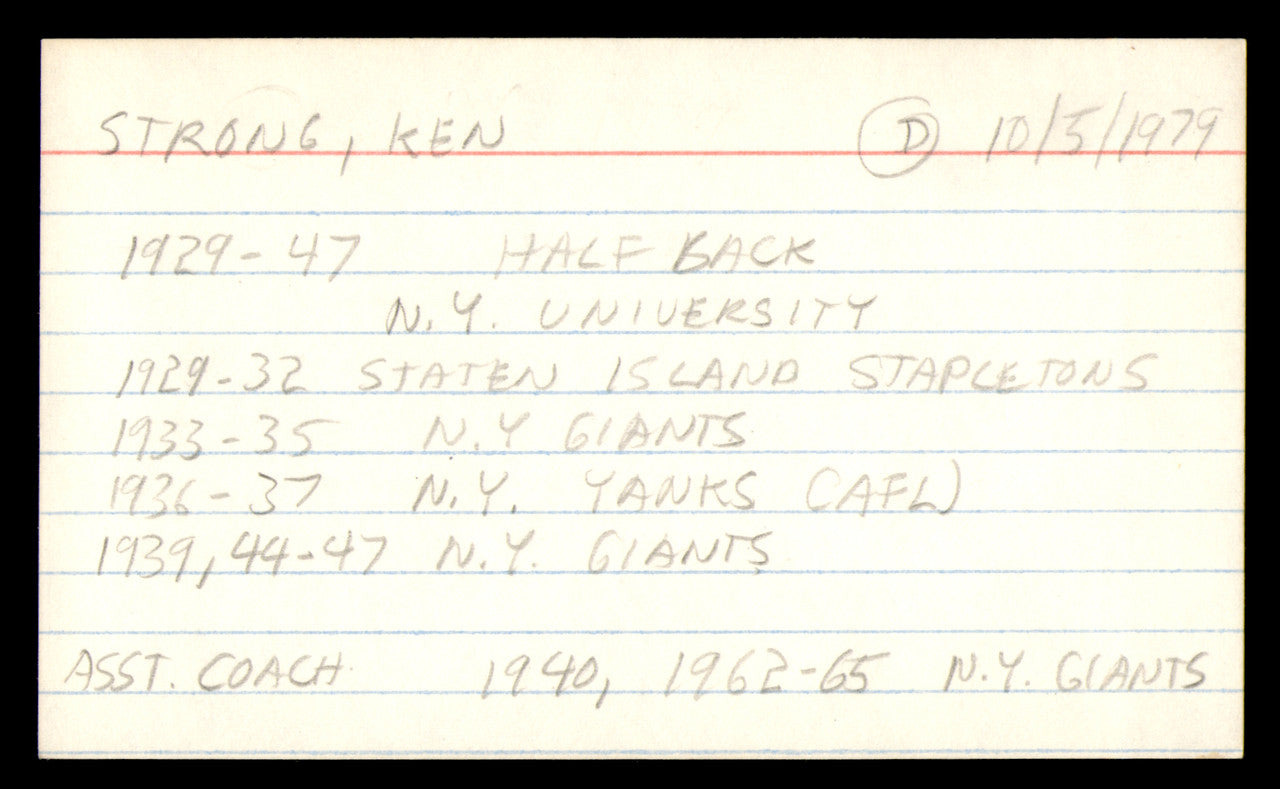 Ken Strong Autographed 3x5 Index Card New York Giants "To John" SKU #248563