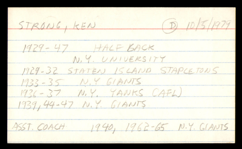 Ken Strong Autographed 3x5 Index Card New York Giants "To John" SKU #248563
