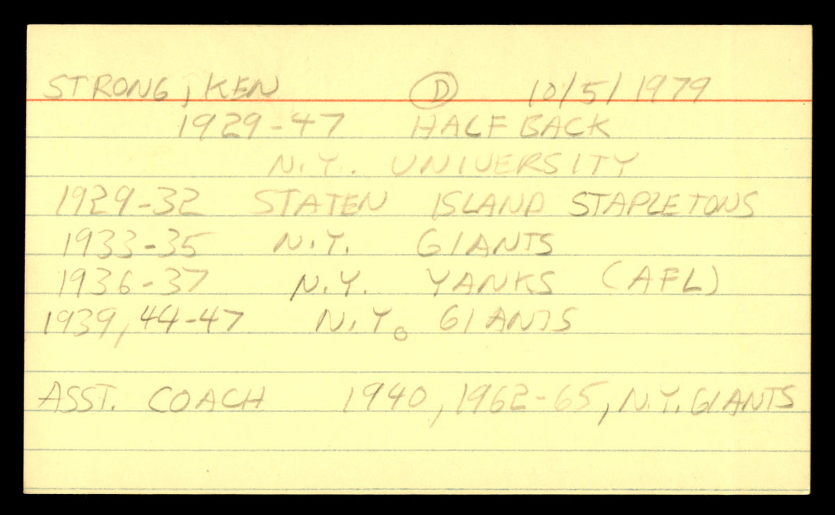 Ken Strong Autographed 3x5 Index Card New York Giants SKU #248564