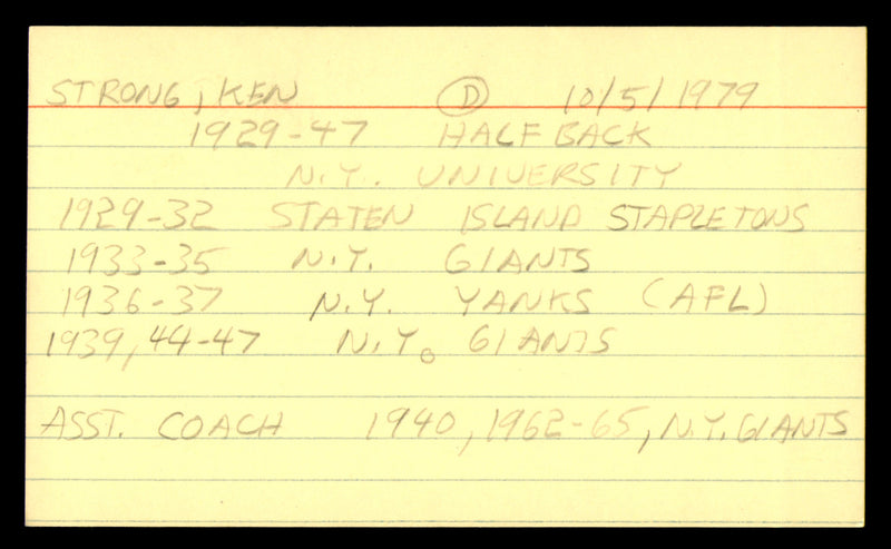 Ken Strong Autographed 3x5 Index Card New York Giants SKU #248564