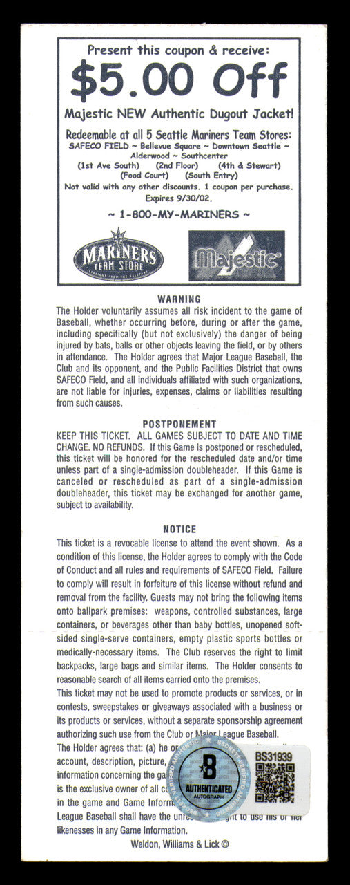 Joe Torre Autographed August 17th, 2001 New York Yankees 2.5x6 Ticket Stub vs. Seattle Mariners Beckett BAS QR #BS31939
