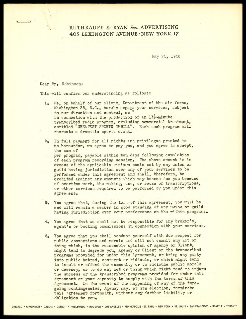 Jackie Robinson Autographed 1956 Greatest Sports Thrill Contract Brooklyn Dodgers Beckett BAS #AE16478