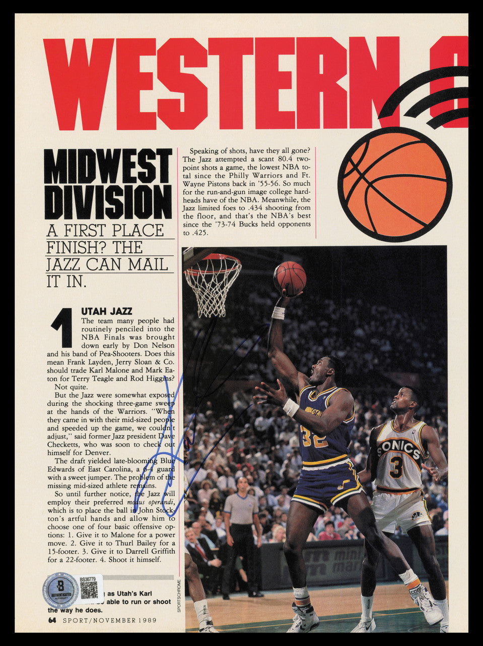 Karl Malone Autographed 8x11 Magazine Page Photo Utah Jazz Beckett BAS QR #BS36779