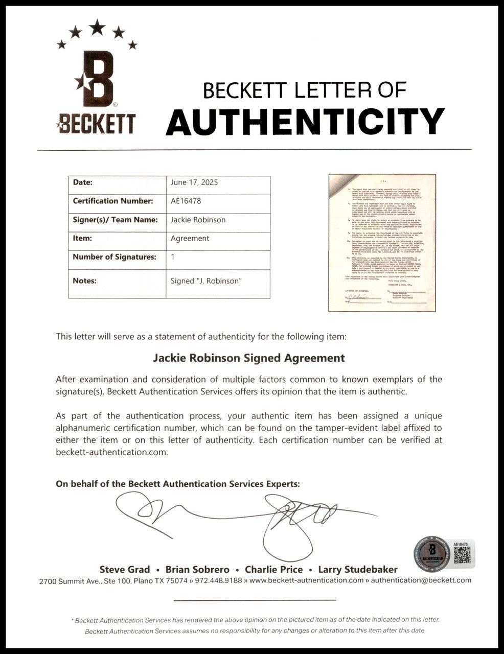 Jackie Robinson Autographed 1956 Greatest Sports Thrill Contract Brooklyn Dodgers Beckett BAS #AE16478